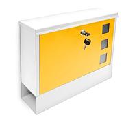 Relaxdays Boîte aux lettres murale, HLP : 30 x 36 x 10 cm, compartiment à journaux, porte-courrier, métal, blanc/jaune