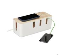 Relaxdays Boîte cache-câbles, pour 2 multiprises, couvercle en bois, plastique, HLP : 11,5 x 30,5 x 12,5 cm, blanc