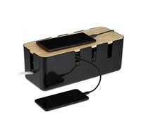 Relaxdays Boîte Cache-câbles, pour 2 multiprises, Couvercle en Bois, Plastique, HLP : 11,5 x 30,5 x 12,5 cm, Noir