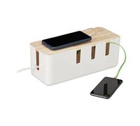 Relaxdays Boîte Cache-câbles, pour 2 multiprises, Couvercle en Bois, Plastique, HLP : 11,5 x 30,5 x 12,5 cm, Blanc