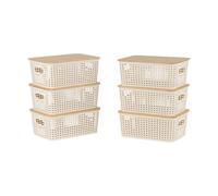 Relaxdays Boîtes de rangement avec couvercle bambou, plastique, poignées, blanc – Lot de 6