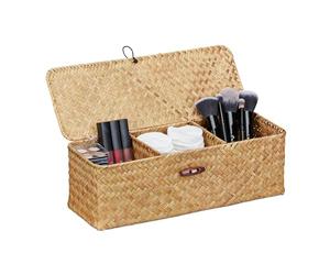 Relaxdays Boîte de Rangement avec Couvercle, zostère, 3 Compartiments, Salle de Bain, HxLxP: env. 11x33x12,5 cm, Nature