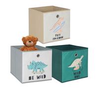 Relaxdays, Set de 3 boîtes de Rangement pour Enfants, Motifs Dino, H x L x P : 30 x 30 x 30 cm, Textile, coloré