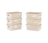 Relaxdays Boîtes de Rangement, Lot de 6, avec Couvercle, Plastique & Bambou, poignées, 10,5 x 25,5 x 18 cm, Blanc
