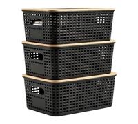 Relaxdays Boîtes de rangement, motif grillagé, couvercle en bambou, x3 | en polypropylène, bac de rangement, noir