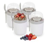 Relaxdays bols muesli à emporter lot 4, 3 compart. cuill., étanches, blancs