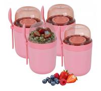 Relaxdays bols muesli à emporter lot 4, 3 compart., cuillère, étanche, rose