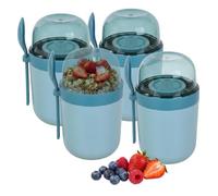 Relaxdays Bols muesli to go, lot 4, 3 compart., cuillère, étanche, bleu