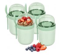 Relaxdays bols muesli to-go, lot 4, 3 compart., cuillère, étanche, vert