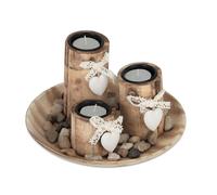 Relaxdays Bougeoirs lot, soucoupe décorative, bougies chauffe-plat et pierres, décoration de table, bois, nature