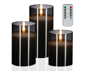 Relaxdays Bougies LED en verre, 3 unités, télécommande, minuterie, cire véritable, lanternes sans flamme, gris