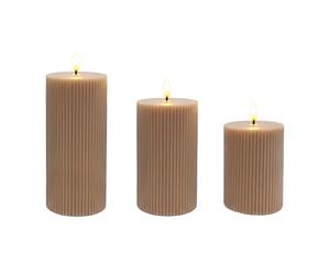Relaxdays Bougies LED Flamme vacillante Lot de 3, Cire véritable, 3 Tailles, rainures, Moka-Mousse, 18 x 7,5 x 7,5 cm