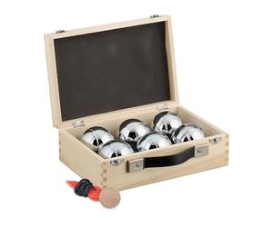 Relaxdays Boule de pétanque en Acier, Lot de 6, avec cochonnet et mesureur, Malle en Bois, Set, Nature et argenté