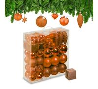 Relaxdays Boules de Noël, lot de 110, en plastique, D : 6 cm, décoration de sapin, avec guirlande, orange