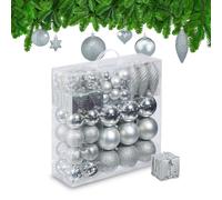 Relaxdays Boules de Noël, Lot de 110, en Plastique, D : 6 cm, décoration de Sapin, avec Guirlande, argentées