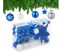 Relaxdays Boules de Noël, lot de 101, en plastique, décoration de sapin, cœurs, étoiles et cimier, bleu/blanc