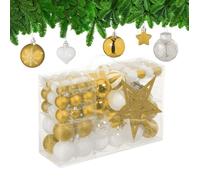 Relaxdays Boules de Noël, lot de 101, en plastique, décoration de sapin, cœurs, étoiles et cimier, doré/blanc