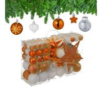 Relaxdays Boules de Noël, Lot de 101, en Plastique, décoration de Sapin, cœurs, étoiles et cimier, Orange et Blanc