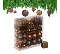 Relaxdays Boules de Noël, Lot de 110, en Plastique, D : 6 cm, décoration de Sapin, avec Guirlande, Marron