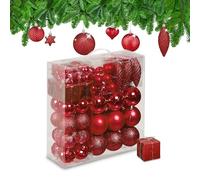 Relaxdays Boules de Noël, Lot de 110, en Plastique, D : 6 cm, décoration de Sapin, avec Guirlande, Rouges