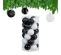 Relaxdays Boules de Noël, Lot de 30, en Plastique, D : 6 cm, Paillettes, Mates, Brillantes, déco Sapin, Noir/Blanc