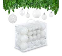 Relaxdays Boules de Noël, Lot de 50, Paillettes, Mates, Brillantes, décoration Sapin, Plastique, D : 3, 4 et 6 cm, Blanc