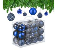 Relaxdays Boules de Noël, Lot de 50, Paillettes, Mates, Brillantes, décoration Sapin, Plastique, D : 3, 4 et 6 cm, Bleu