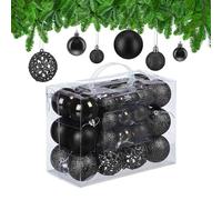 Relaxdays Boules de Noël, Lot de 50, Paillettes, Mates, Brillantes, décoration Sapin, Plastique, D : 3, 4 et 6 cm, Noir