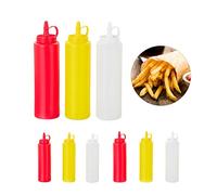 Relaxdays Bouteille à Sauce, Lot de 72, Rechargeable, 400 ML, Squeeze Bottle, récipient Plastique, Rouge/Jaune/Blanc