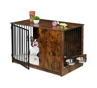 Relaxdays Box pour Chien à Domicile, H x L x P : 65,5 x 102 x 60 cm, 2 gamelles, Meuble Industriel, MDF et métal, Marron