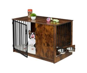 Relaxdays Box pour Chien à Domicile, H x L x P : 65,5 x 102 x 60 cm, 2 gamelles, Meuble Industriel, MDF et métal, Marron
