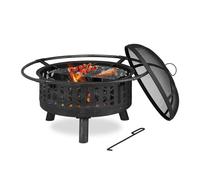 Relaxdays Braséro avec Grille de Barbecue et Pare-étincelles et tisonnier, pour Le Jardin, Ø 75 cm, Noir/argenté