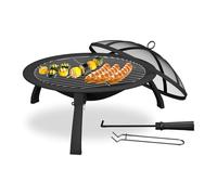 Relaxdays Brasero avec Couvercle, Ø cuve 51 cm, Pieds Pliables, Grille, Pare-étincelles, tisonnier, feu de Jardin, Noir