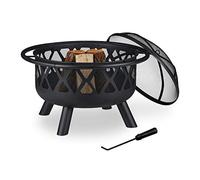 Relaxdays Brasero avec Protection étincelles, Jardin et terrasse, tisonnier, Foyer extérieur, en Acier; D 75 cm, Noir
