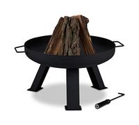 Relaxdays Brasero de Jardin, Ø 60 cm, tisonnier Inclus, pour la terrasse, bac à feu en Acier, Rond, Grand Foyer, Noir