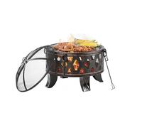 Relaxdays Brasero de Jardin Ø 66 cm avec Grille, Pare-étincelles et tisonnier, Noir et Bronze, 58 x 66 x 66 cm