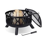 relaxdays Brasero de Jardin, avec Protection étincelles, Ø 62 cm, tisonnier Inclus, terrasse, bac à feu, Acier, Noir