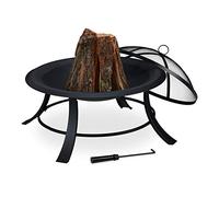 Relaxdays Brasero de Jardin, avec Protection étincelles, Ø73,5cm, tisonnier Inclus, terrasse, bac à feu, extérieur, Noir