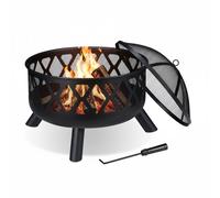 relaxdays Brasero de Jardin, avec Protection étincelles, Ø 62 cm, tisonnier Inclus, terrasse, bac à feu, Acier, Noir