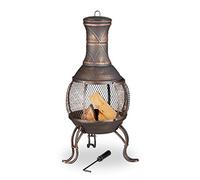 Relaxdays Aztekenofen, Schürhaken, Holzrost, Funkenschutzgitter, Garten, Terrasse, antiker Feuerofen, Höhe 89 cm, bronze -
