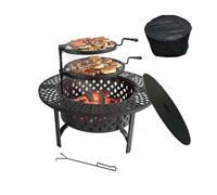 Relaxdays brasero Noir Ø 92 cm avec 2 grilles pivotantes, Couvercle, tisonnier, Housse et Dimensions 71 x 92 x 92 cm