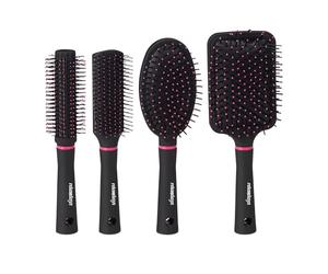 Relaxdays Brosse à cheveux en jeu de 4, étui pour déplacements, brosses en plastique, rondes, de voyages, noir/rose