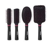 Relaxdays Brosse à cheveux en jeu de 4, étui pour déplacements, brosses en plastique, rondes, de voyages, noir/rose