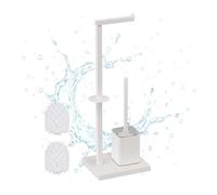 Relaxdays Brosse WC (h x l x p) : 67,5 x 20 x 15,5 cm, en métal, Porte-Papier Toilette Debout, Porte-Rouleau de Rechange, Blanc
