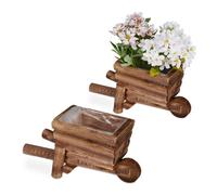 Relaxdays Jardinière en Forme de brouette, 2 pièces, déco Jardin, HxLxP: env. 12,5x26x12 cm, Porte-Plantes, Bois, Nature