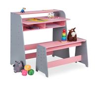 Relaxdays Bureau enfant avec banc, 2 compartiments, hauteur table réglable, HxLxP: 88 x 90 x 48 cm, rose-gris