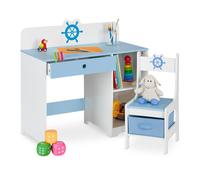 Relaxdays Bureau et Chaise pour Enfants, tiroir et 2 Compartiments Ouverts, Motif Maritime, Bleu - Blanc