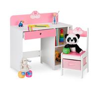 Relaxdays Bureau et Chaise pour Enfants, tiroir et 2 Compartiments Ouverts, Motif Cygne, Rose - Blanc