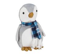 Relaxdays Butoir de Porte Pingouin, Tissu, pour Sol, intérieur, cale Animale décorative, Doux, Lourd, 26 cm, Gris-Blanc
