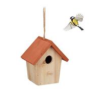 Relaxdays Cabane à Oiseaux décorative, en Bois, Suspendre, HLP : env. 16 x 15 x 11 cm, Jardin et Balcon, Nature/Orange
